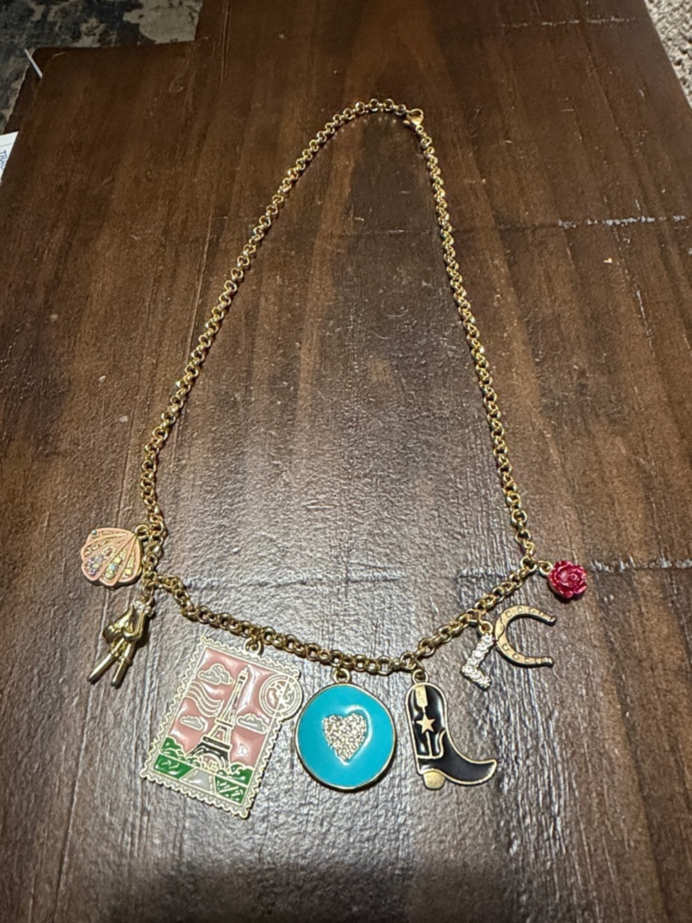Source Unknown Gold-Tone Charm Necklace with Turquoise and Pink Accents